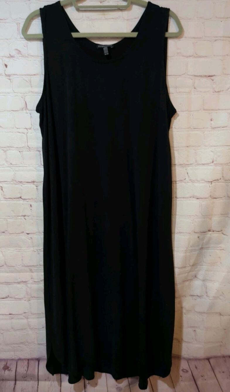 Eileen Fisher Black Sleeveless Tunic Dress XL Lyocell Stretch Scoop Neck Slit